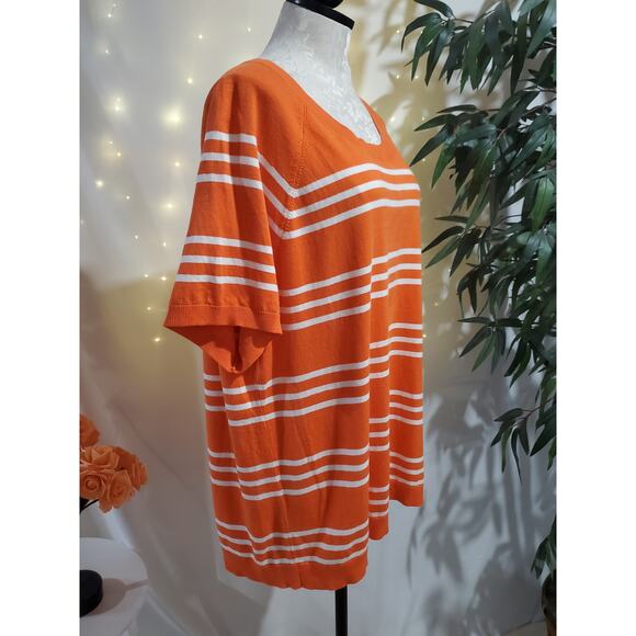 Talbots Striped Light Knit Short Sleeve Sweater Womens Plus Size 2X Orange White - Picture 2 of 7